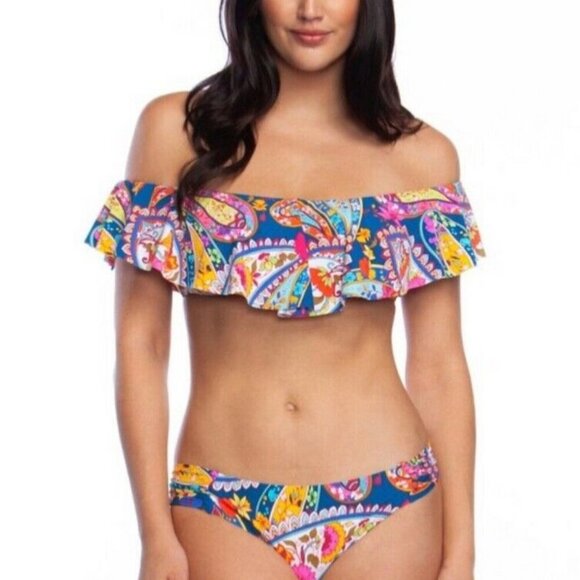 TRINA TURK Off-the-Shoulder Moroccan Paisley Print Bikini Top Dark Teal 10 NWOT - Picture 3 of 12